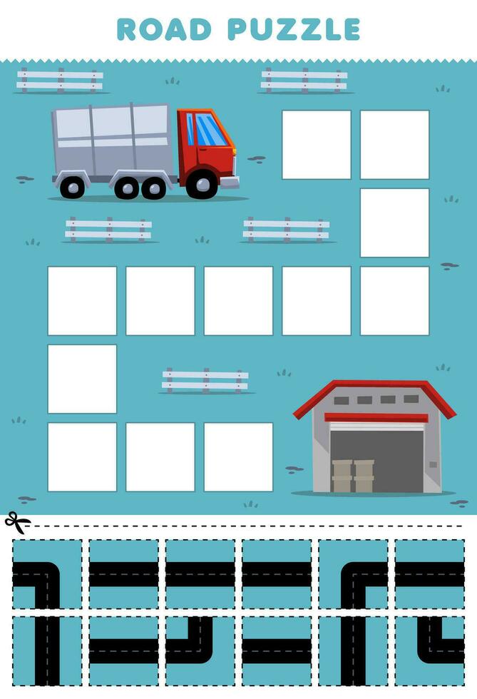 Bildung Spiel zum Kinder Straße Puzzle Hilfe LKW Bewegung zu das Warenhaus druckbar Transport Arbeitsblatt vektor