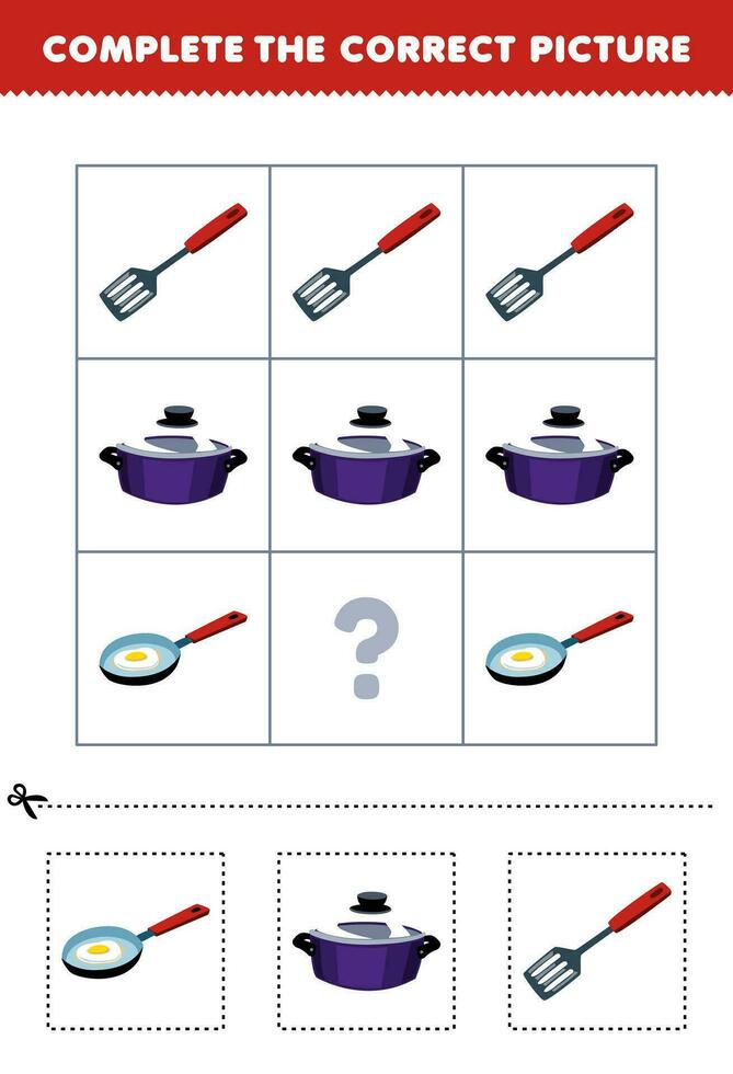 utbildning spel för barn till välja och komplett de korrekt bild av en söt tecknad serie fräsning panorera pott eller spatel tryckbar verktyg kalkylblad vektor