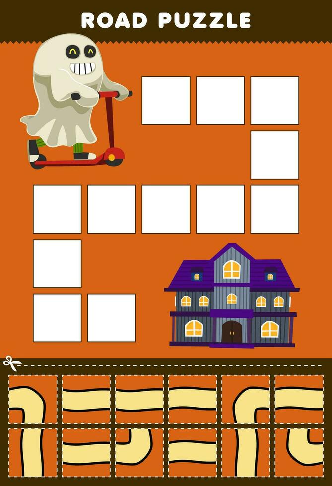 Bildung Spiel zum Kinder Straße Puzzle Hilfe Geist Kostüm Bewegung zu das gespenstisch Haus druckbar Halloween Arbeitsblatt vektor