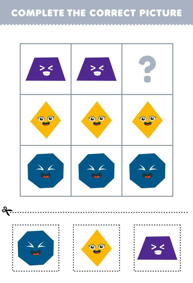 Bildung Spiel zum Kinder zu wählen und Komplett das richtig Bild von ein süß Karikatur Achteck Rhombus oder Trapez druckbar gestalten Arbeitsblatt vektor