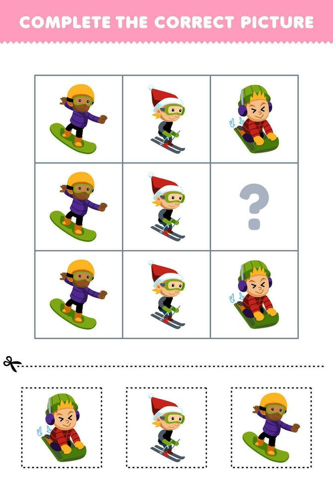 utbildning spel för barn till välja och komplett de korrekt bild av en söt tecknad serie pojke spelar reglaget åka skidor eller snowboard tryckbar vinter- kalkylblad vektor