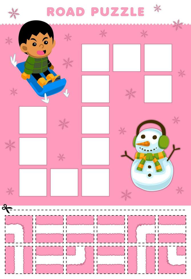 Bildung Spiel zum Kinder Straße Puzzle Hilfe Junge spielen Schlitten Bewegung zu das Schneemann druckbar Winter Arbeitsblatt vektor