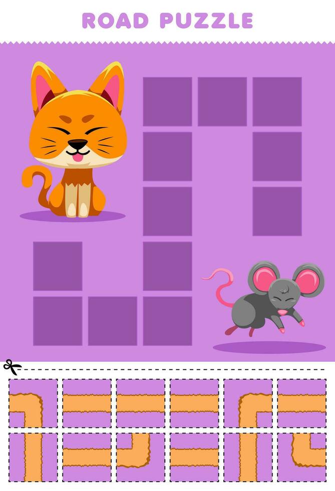 utbildning spel för barn väg pussel hjälp katt flytta till mus tryckbar djur- kalkylblad vektor