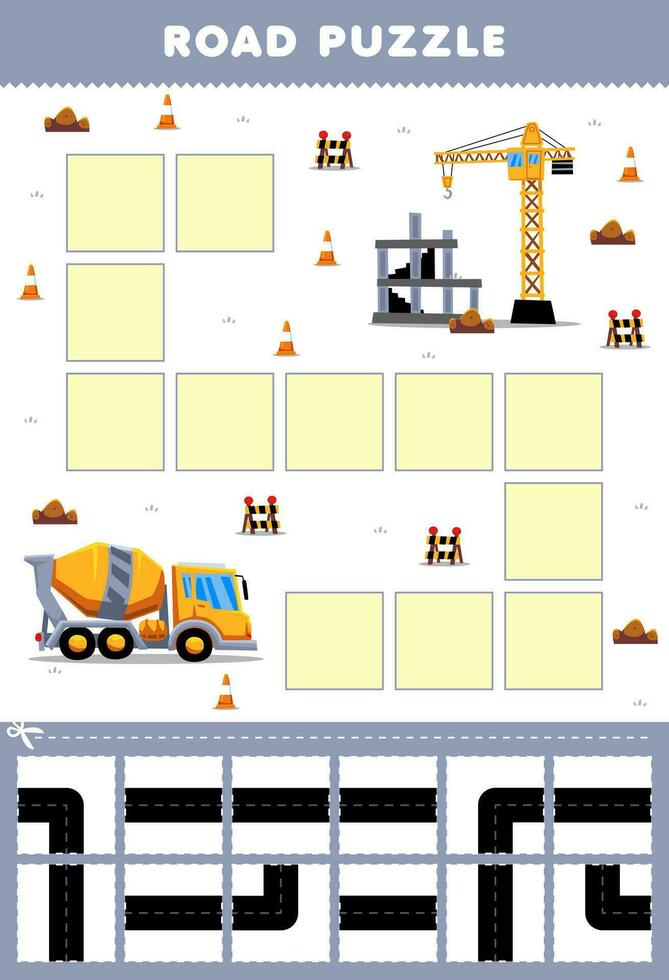 Bildung Spiel zum Kinder Straße Puzzle Hilfe Beton Rührgerät LKW Bewegung zu Konstruktion Seite? ˅ druckbar Transport Arbeitsblatt vektor