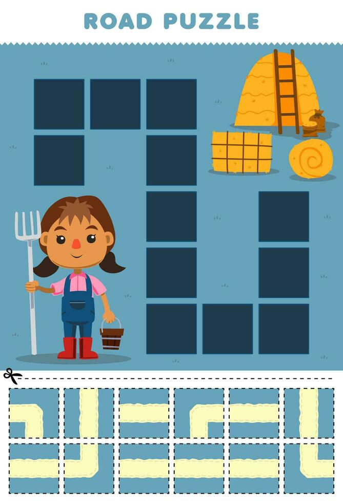 Bildung Spiel zum Kinder Straße Puzzle Hilfe Farmer Mädchen Bewegung zu Heuhaufen druckbar Bauernhof Arbeitsblatt vektor