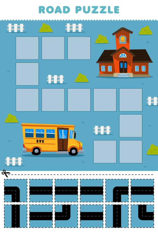 Bildung Spiel zum Kinder Straße Puzzle Hilfe Bus Bewegung zu Schule druckbar Transport Arbeitsblatt vektor