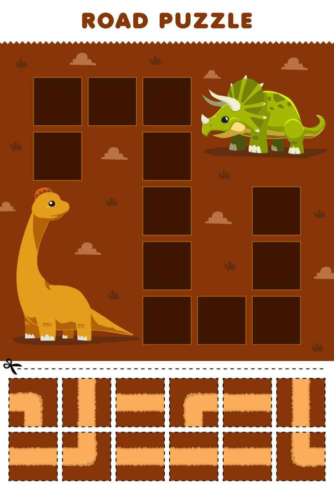 Bildung Spiel zum Kinder Straße Puzzle Hilfe Brontosaurus Bewegung zu Triceratops druckbar Dinosaurier Arbeitsblatt vektor