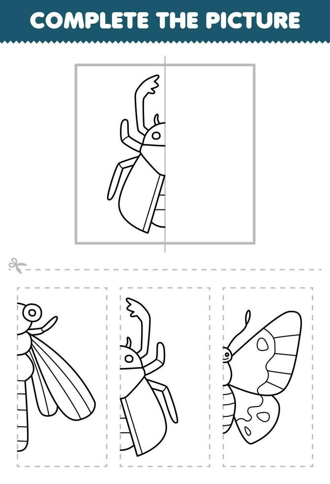 utbildning spel för barn skära och komplett de bild av söt tecknad serie sven skalbagge halv översikt för färg tryckbar insekt kalkylblad vektor