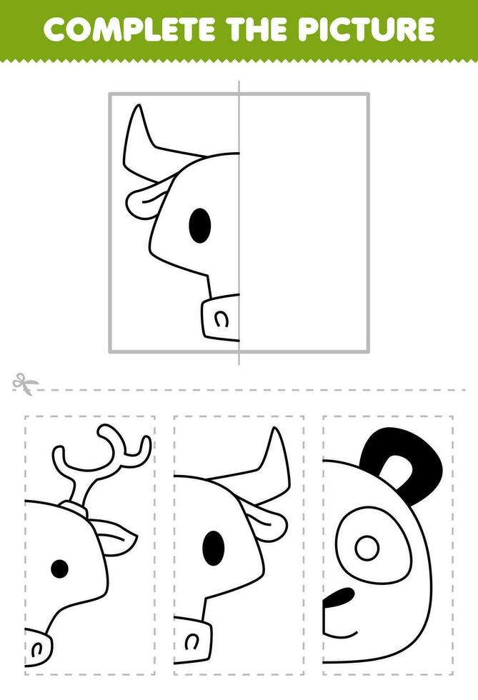 Bildung Spiel zum Kinder Schnitt und Komplett das Bild von süß Karikatur Stier Kopf Hälfte Gliederung zum Färbung druckbar Tier Arbeitsblatt vektor