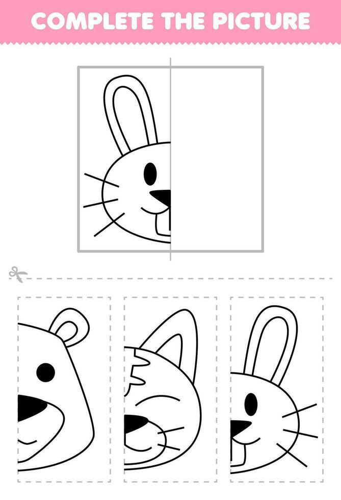 Bildung Spiel zum Kinder Schnitt und Komplett das Bild von süß Karikatur Hase Kopf Hälfte Gliederung zum Färbung druckbar Tier Arbeitsblatt vektor