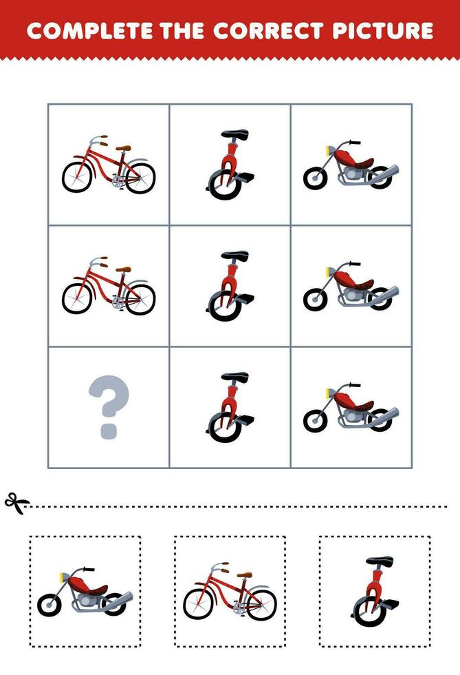 utbildning spel för barn till välja och komplett de korrekt bild av en söt tecknad serie motorcykel cykel eller enhjuling tryckbar transport kalkylblad vektor