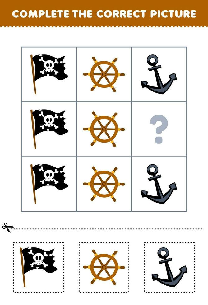 Bildung Spiel zum Kinder zu wählen und Komplett das richtig Bild von ein süß Karikatur Flagge Rad oder Anker druckbar Pirat Arbeitsblatt vektor
