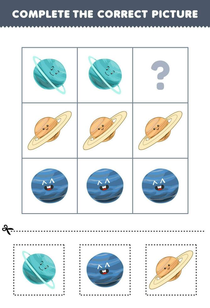 utbildning spel för barn till välja och komplett de korrekt bild av en söt tecknad serie uranus saturn eller neptune planet tryckbar sol- systemet kalkylblad vektor