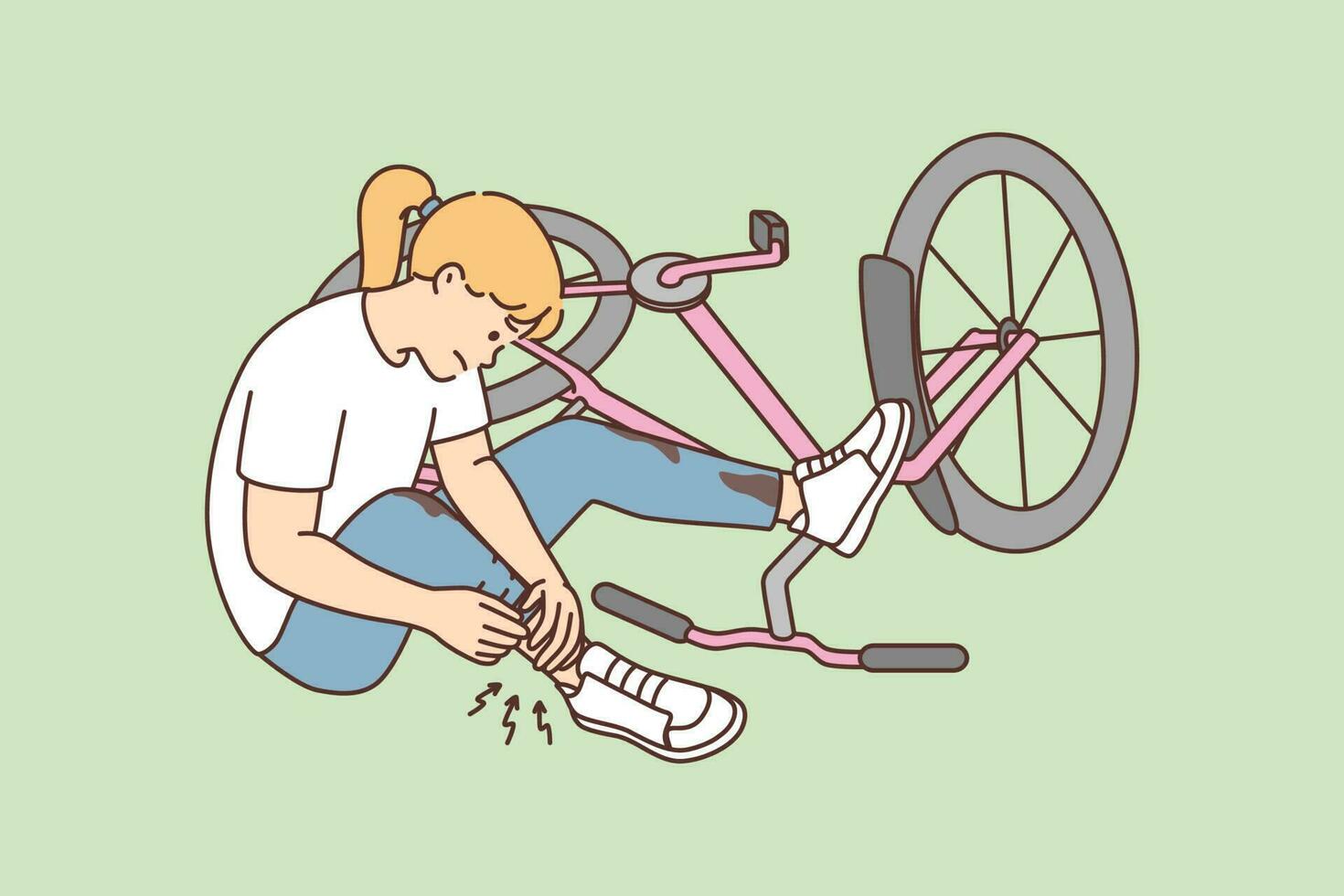 klein Mädchen fallen von Fahrrad brechen Bein. unzufrieden Kind fallen von Fahrrad verletzen Fuß. Kindheit Sport Trauma. Vektor Illustration.