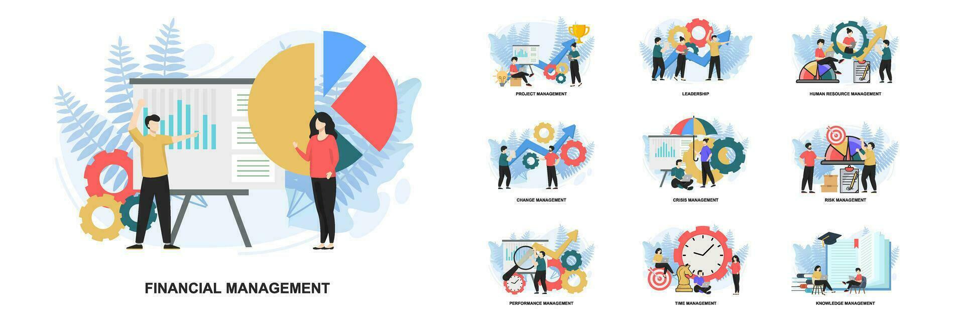 uppsättning av webb sida design mallar för förvaltning webb sida sammansättning med ledarskap, tid förvaltning, risk förvaltning och Mer modern vektor illustration begrepp