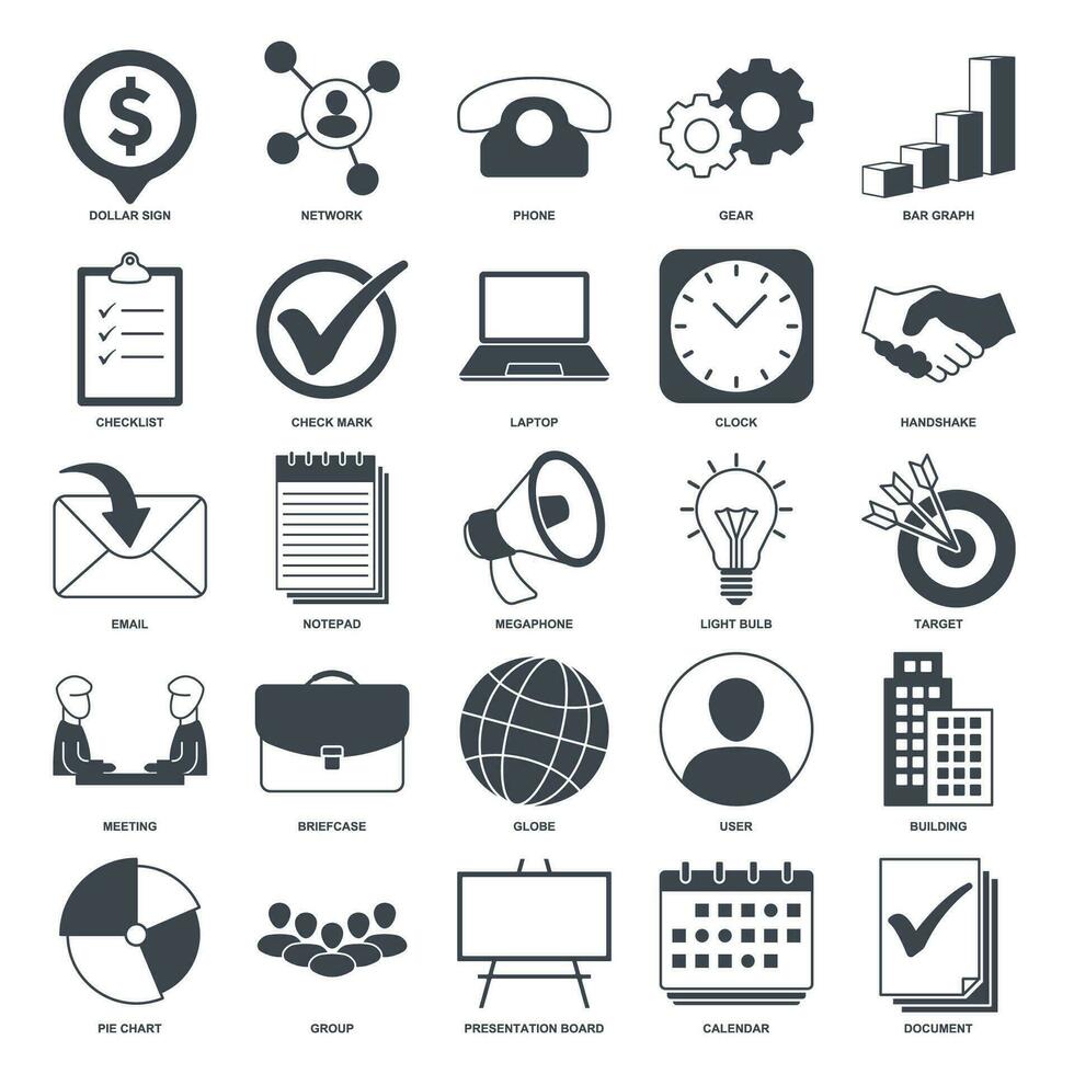 ein Sammlung von 25 Vektor Symbole Darstellen verschiedene Aspekte von Geschäft Management. diese Symbole können Sein benutzt zu verbessern Präsentationen, Webseiten, oder irgendein Design verbunden zu Geschäft