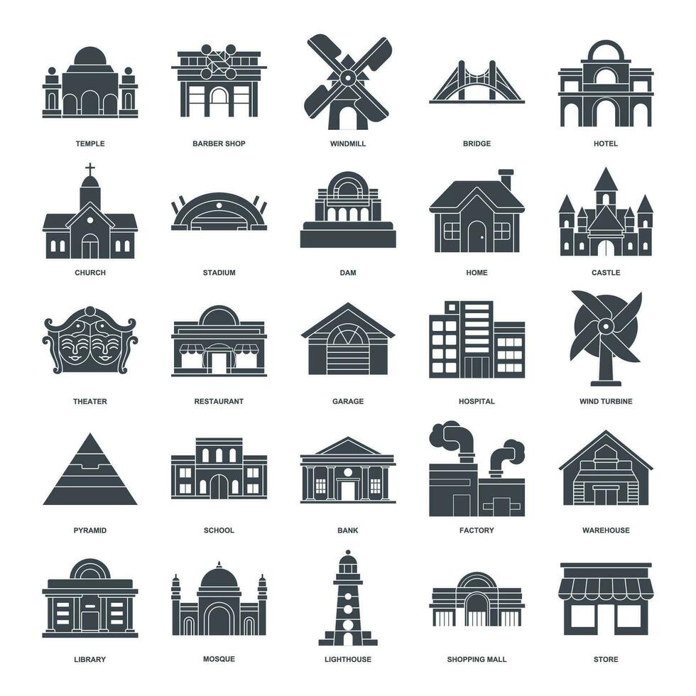 ein detailliert Vektor Illustration Darstellen vielfältig Gebäude Typen heim, Fabrik, Schule, Moschee, Krankenhaus, und mehr. jeder Symbol deutlich zeigt es ist jeweils Struktur