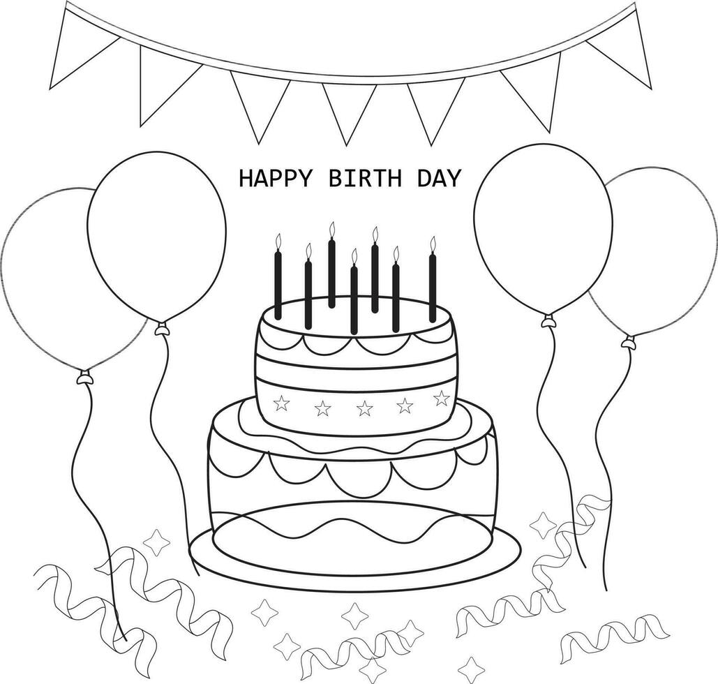 klotter eller skiss, svart linje element, Lycklig födelsedag kaka med ljus, födelsedag flaggor, gåvor, band, ballonger till fira årsdag vektor