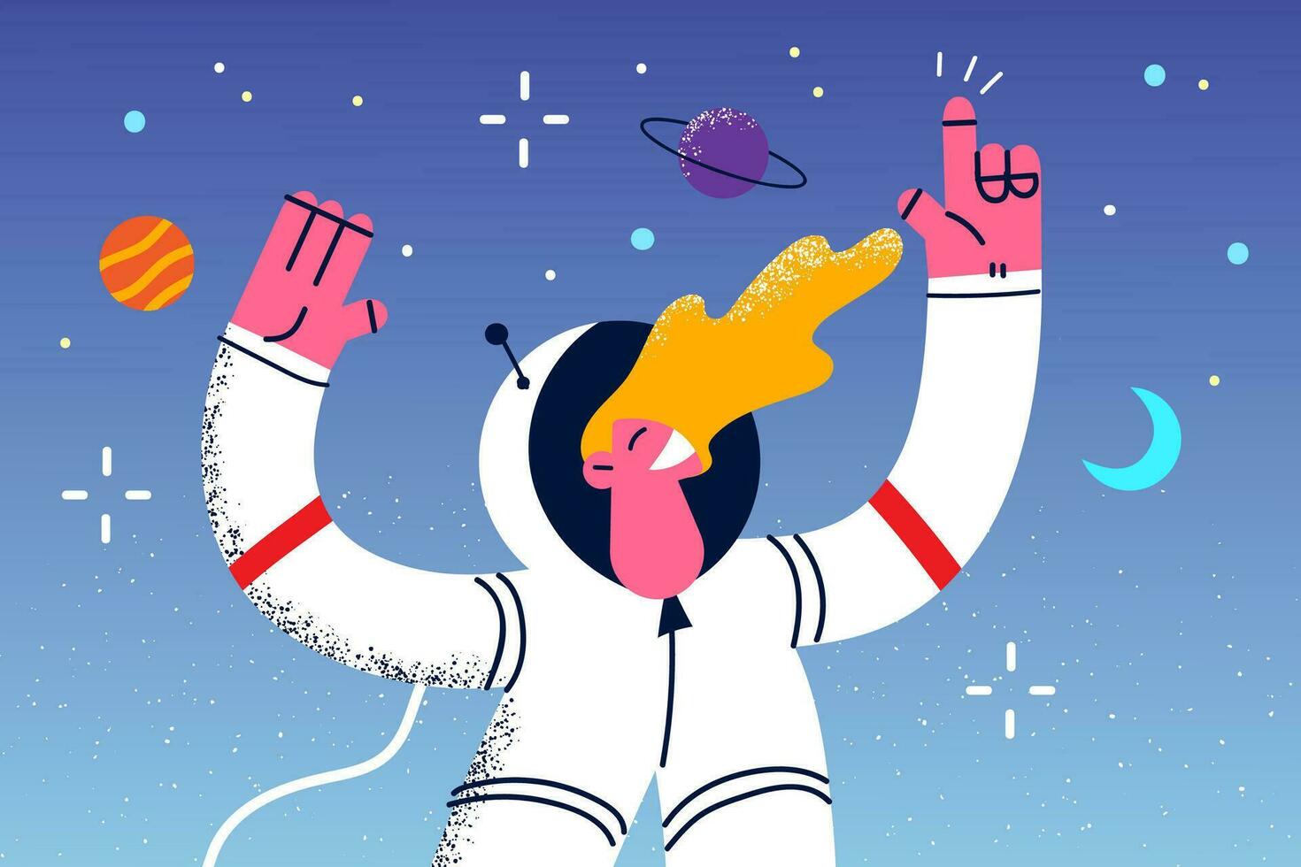 glücklich jung Mann Astronaut im Kostüm entdecken Neu Horizonte im öffnen Raum. lächelnd männlich Raumfahrer oder Wissenschaftler fliegen im Universum. Kosmos Entdeckung und Erkundung. Wissenschaft Konzept. Vektor Illustration.