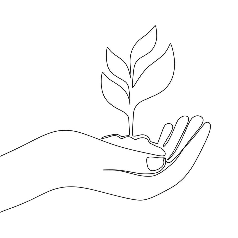 Pflanze im Hand isoliert auf Weiß Hintergrund. einer Linie kontinuierlich Öko Konzept Vektor Illustration. Umriss, Linie Kunst Silhouette
