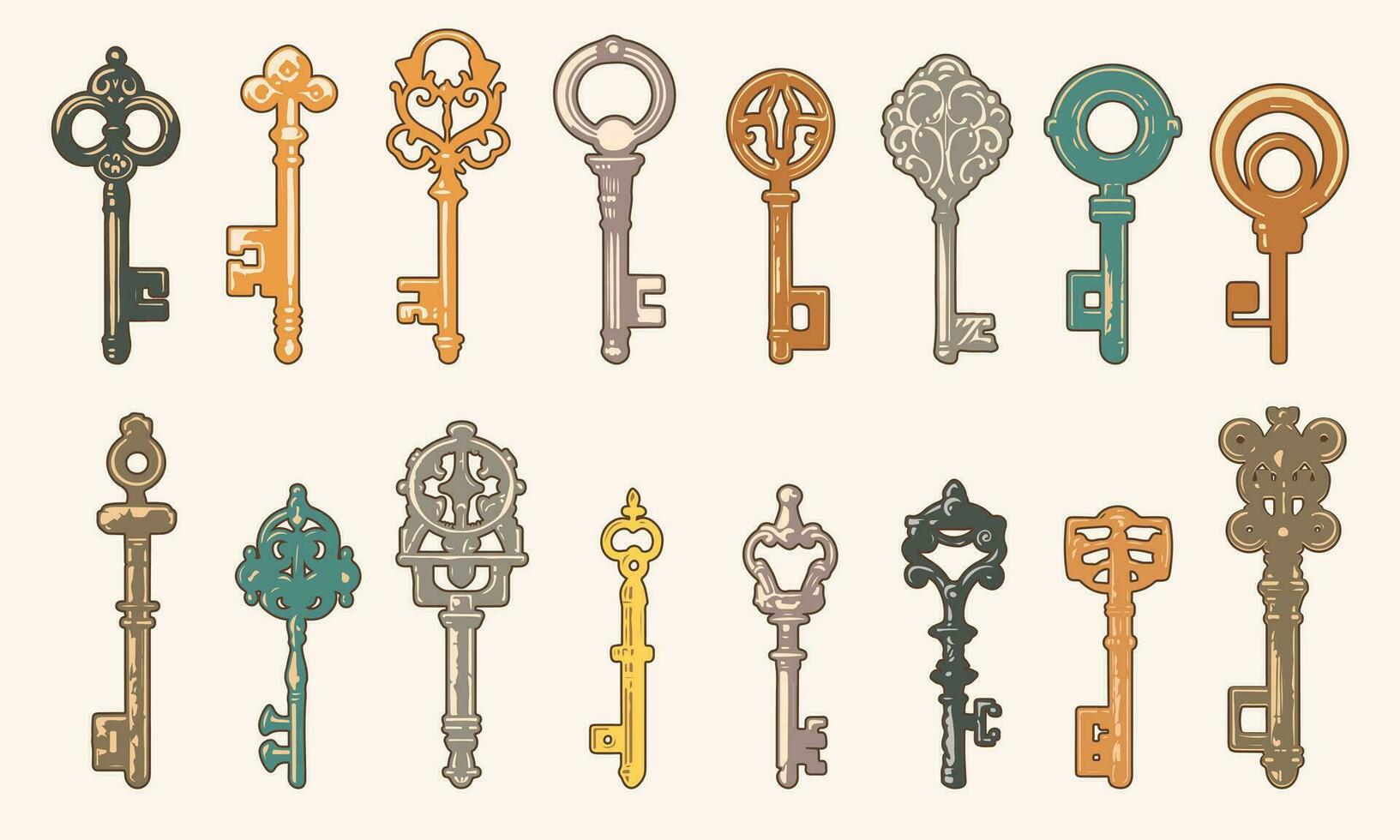 Jahrgang Silber, Bronze, golden Metall Schlüssel einstellen Symbole isoliert Vektor Illustration
