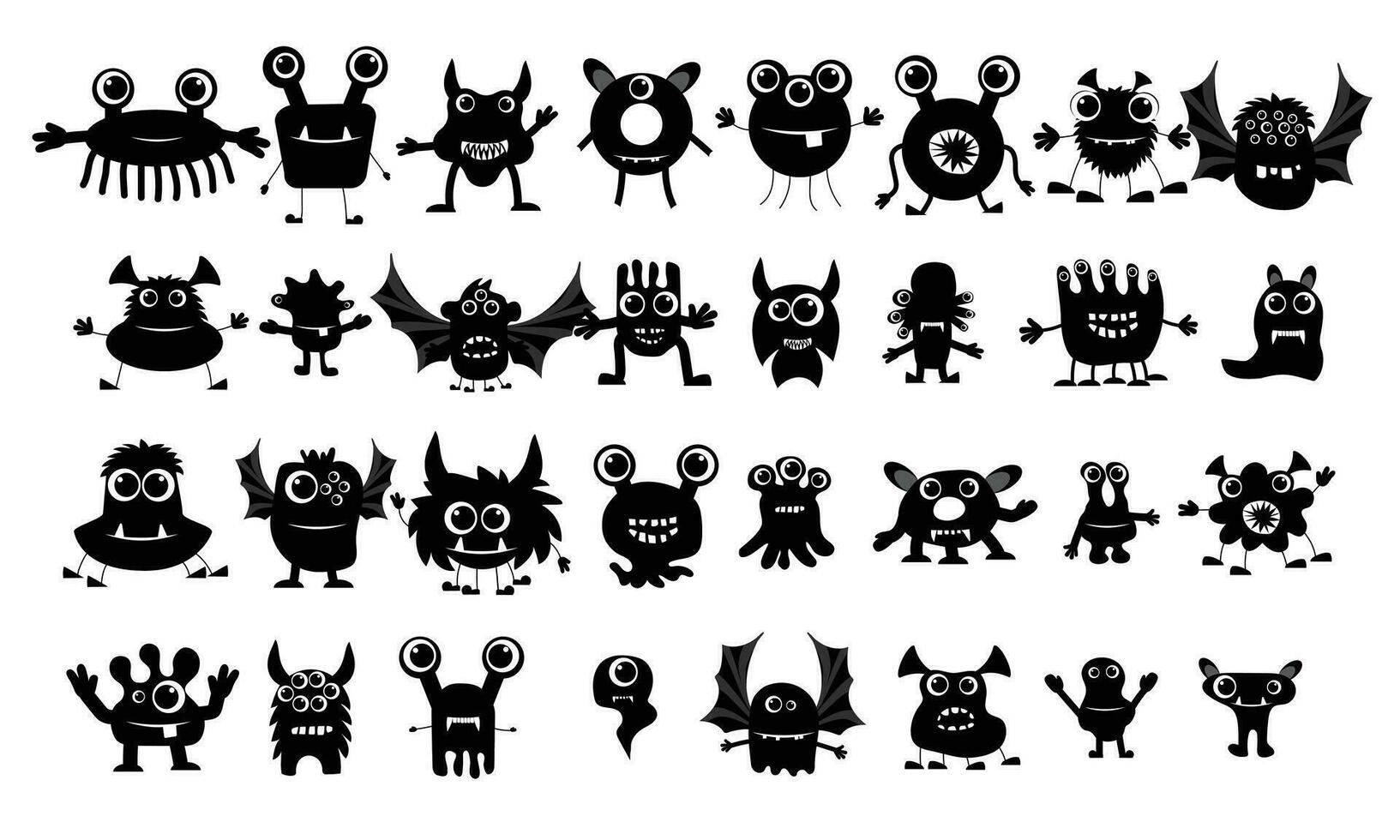 stor samling av söt monster i svart Färg. stor halloween uppsättning av monster isolerat på vit bakgrund. silhuett vektor illustration.