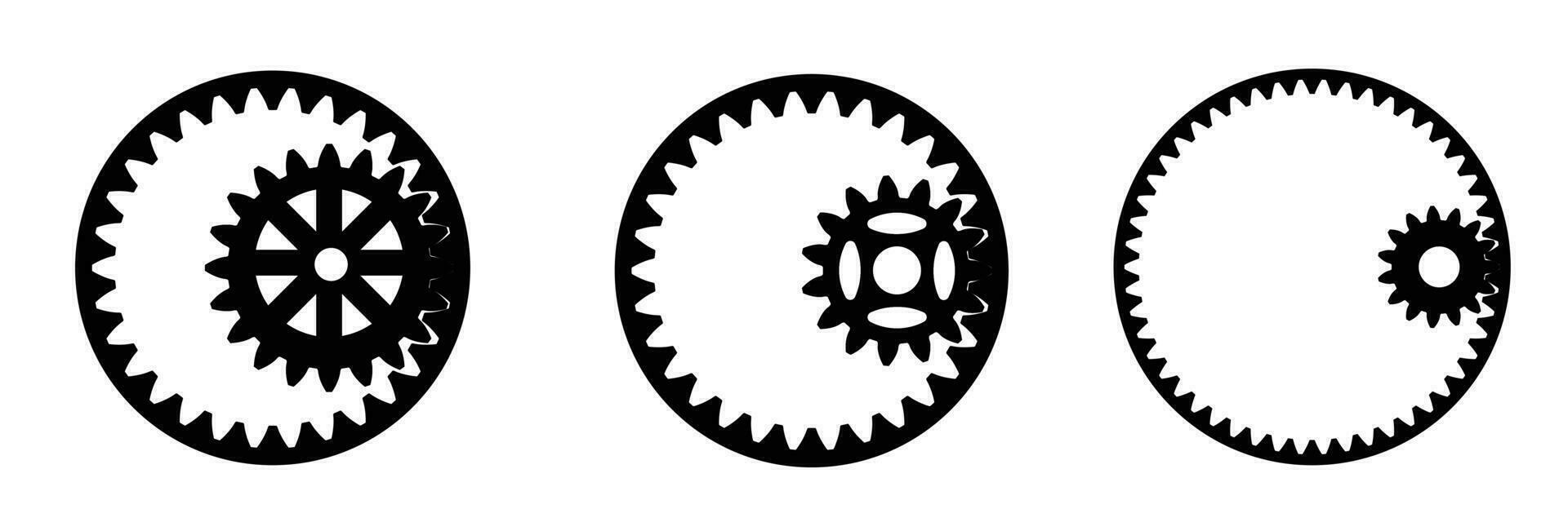 Vektor Illustration. einstellen Symbole schwarz mechanisch Getriebe auf ein Weiß Hintergrund. konturiert Silhouette
