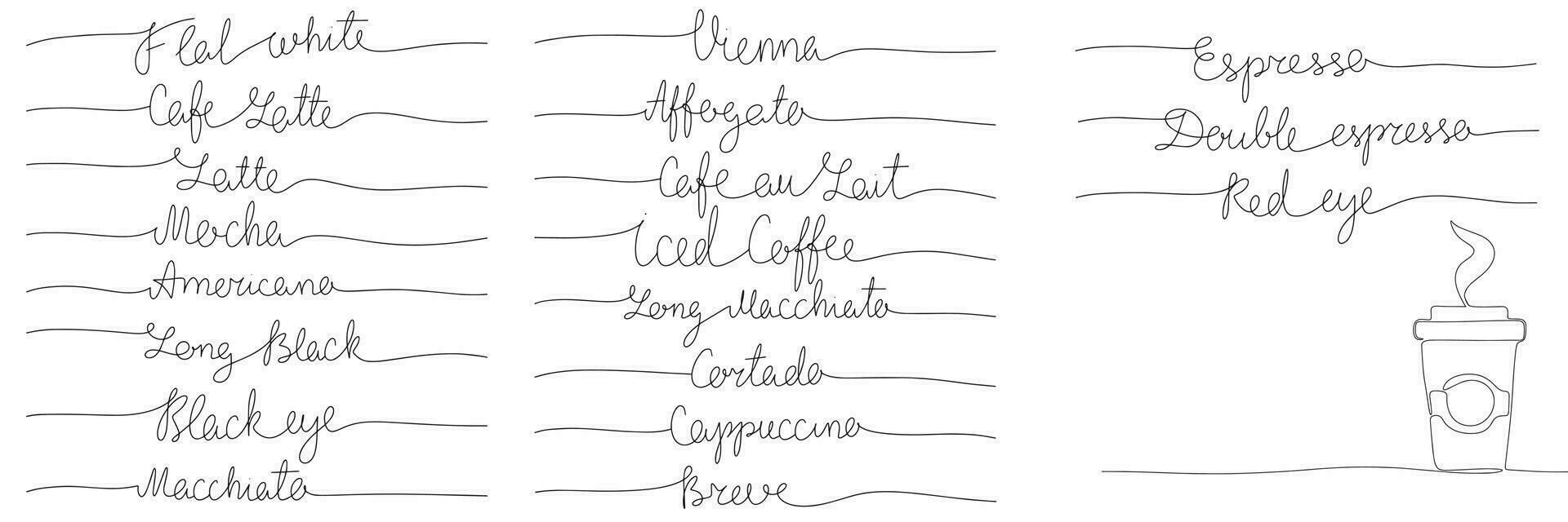 uppsättning av kaffe märka namn för kaféer och förpackning. stor samling av kaffe namn i ett linje kontinuerlig. linje konst monoline vektor illustration.
