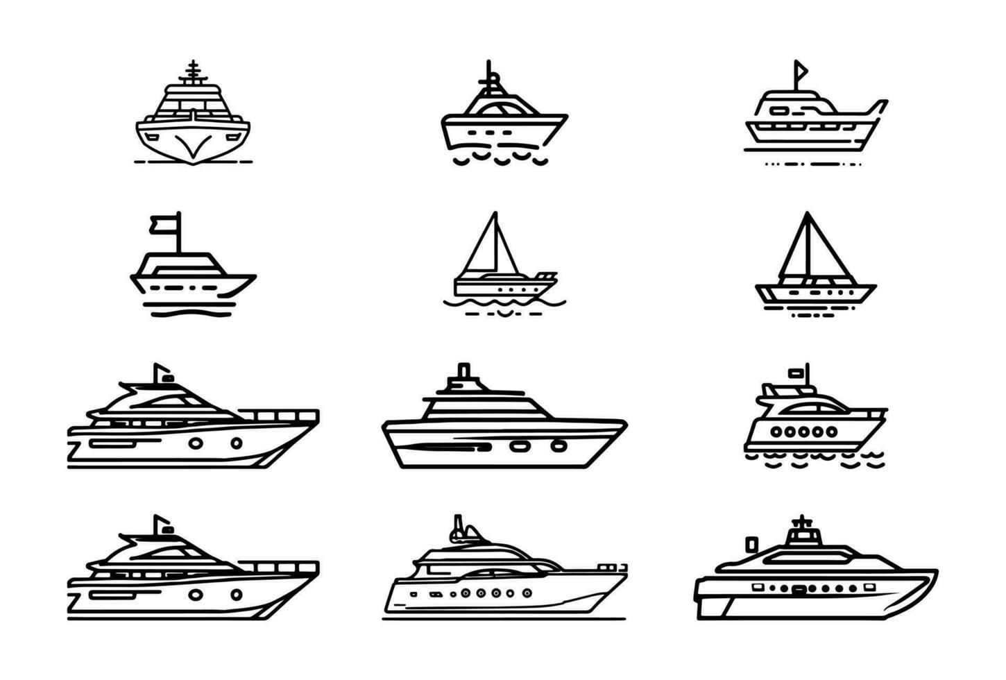 Yacht, ikon uppsättning. yachter motor båtar, linjär ikoner. båt ikon vektor illustration.