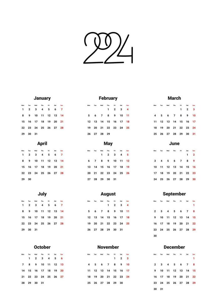 årlig kalender 2024 mall på vit bakgrund. vecka börjar på måndag. geometrisk logotyp 2024. vektor minimalistisk kalender design med 2024 text text