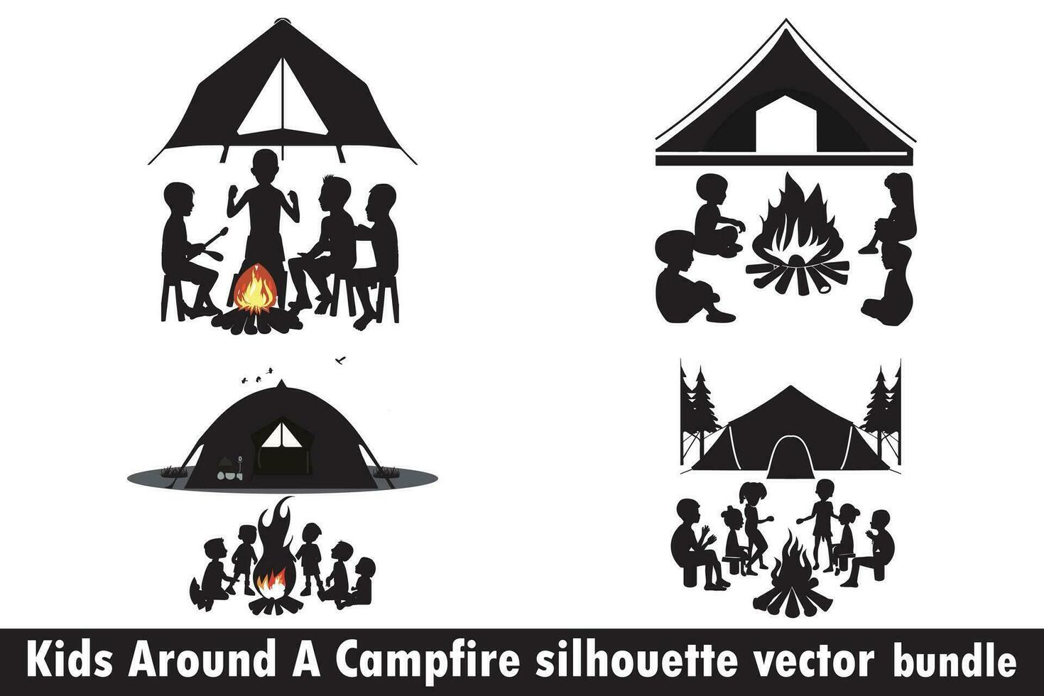 Kinder um ein Lagerfeuer Silhouette Vektor bündeln, Lagerfeuer Vektor bündeln, Kinder Silhouette Vektor Pack, Lagerfeuer Silhouette bündeln, Kinder um Lagerfeuer bündeln, Kinder Camping Vektor.