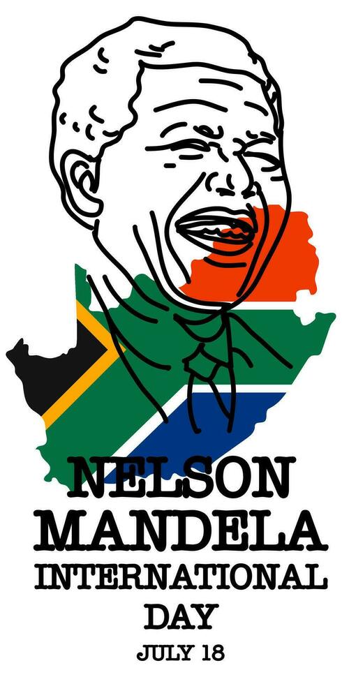 nelson mandela internationell dag. stock vektor illustration. kontur porträtt av en skrattande man mot de bakgrund av de flagga och de översikt av söder afrika. rättigheter, styrka, seger, jämlikhet