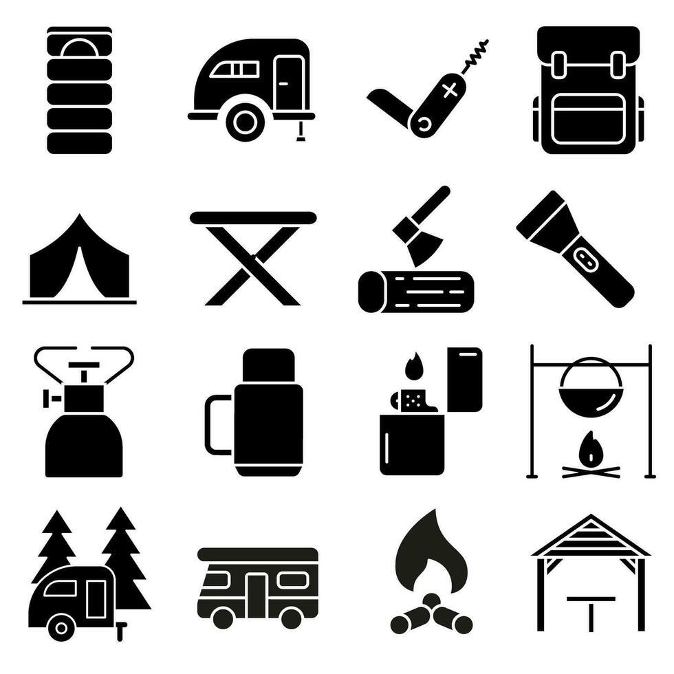 camping vektor ikon uppsättning. vandra illustration tecken samling. turism symbol eller logotyp.