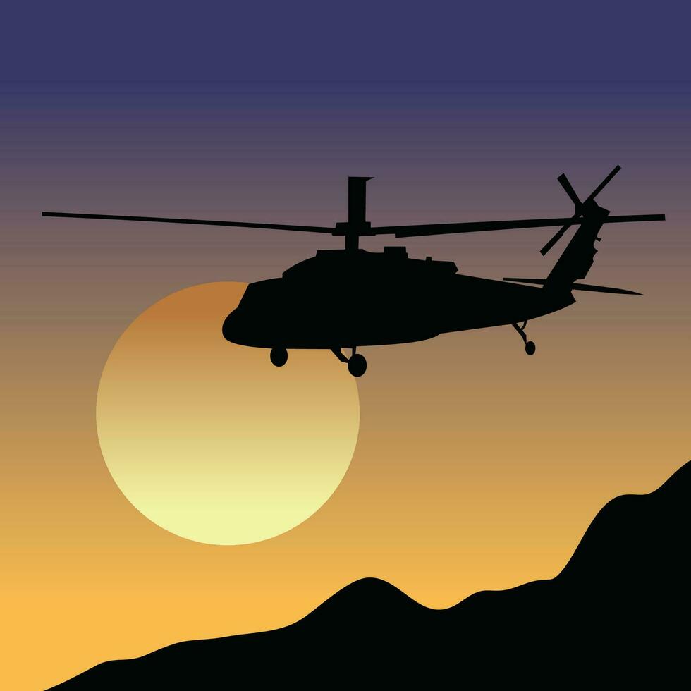 Militär- Hubschrauber mit Sonnenuntergang Hintergrund vektor