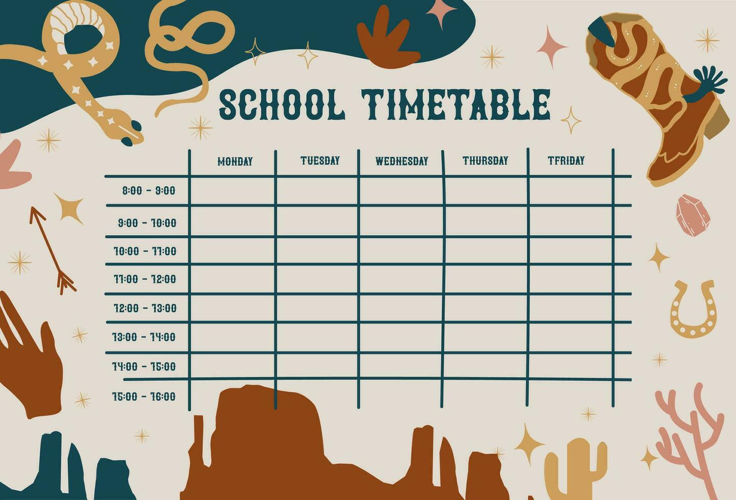 vild väst platt stil skola tidtabell. mitten skola ungar' tidtabell. vektor