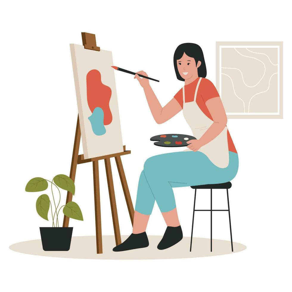 begrepp illustration av kvinna konstnär målning på duk vektor