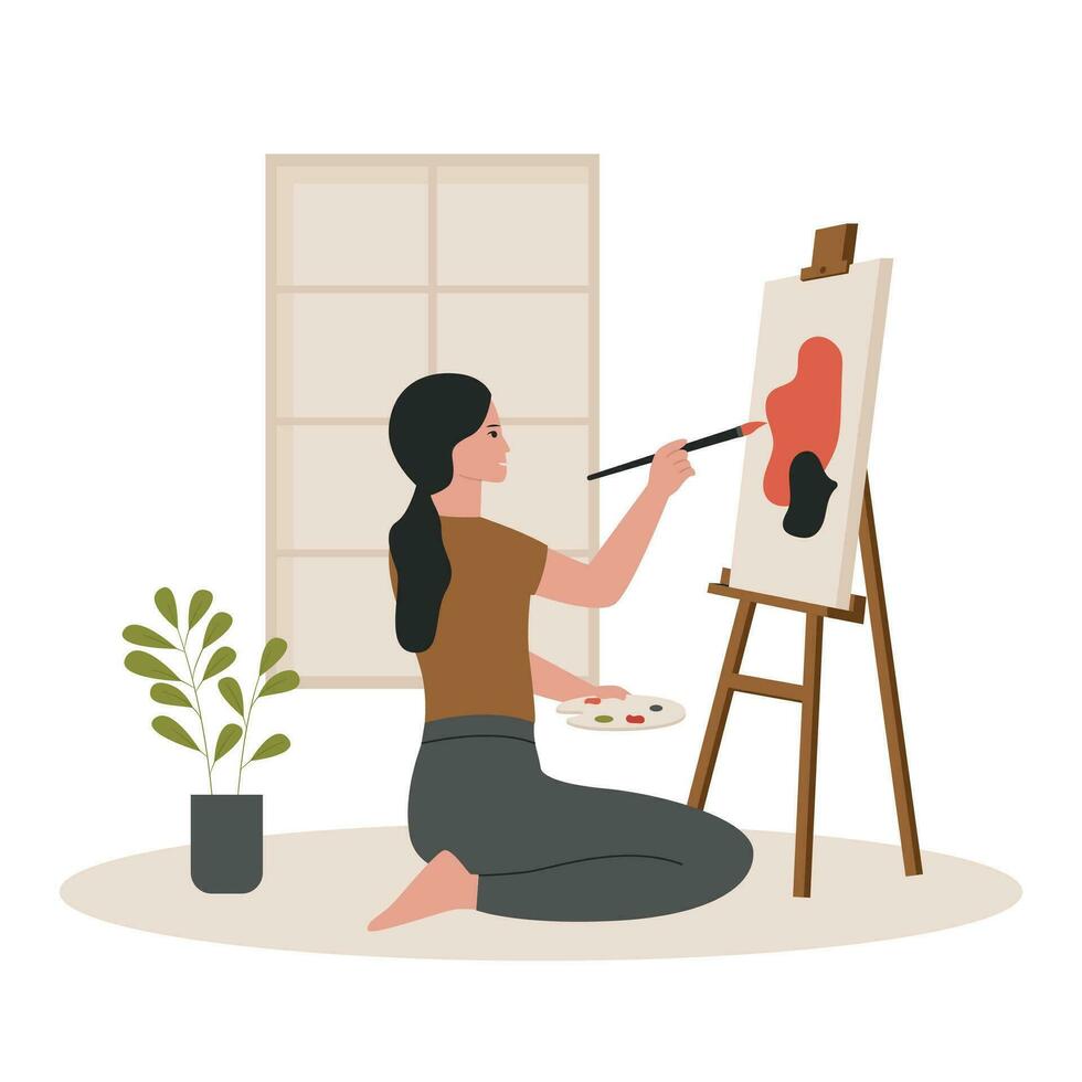 begrepp illustration av kvinna konstnär målning på duk medan Sammanträde vektor
