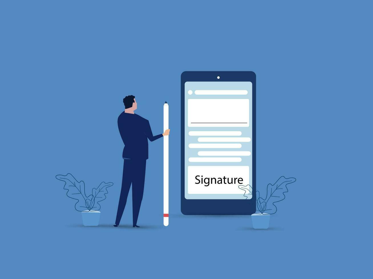digital signatur begrepp. affärsman signering på smartphone skärm, signering av kontrakt på digital, e-signatur, företag eller elektronisk avtal. vektor illustration.