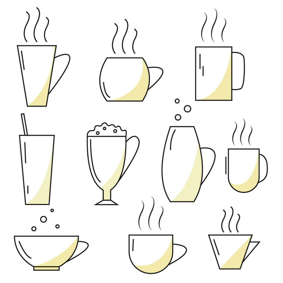vektor uppsättning med linje svart och vit koppar för kaffe isolerat på vit bakgrund