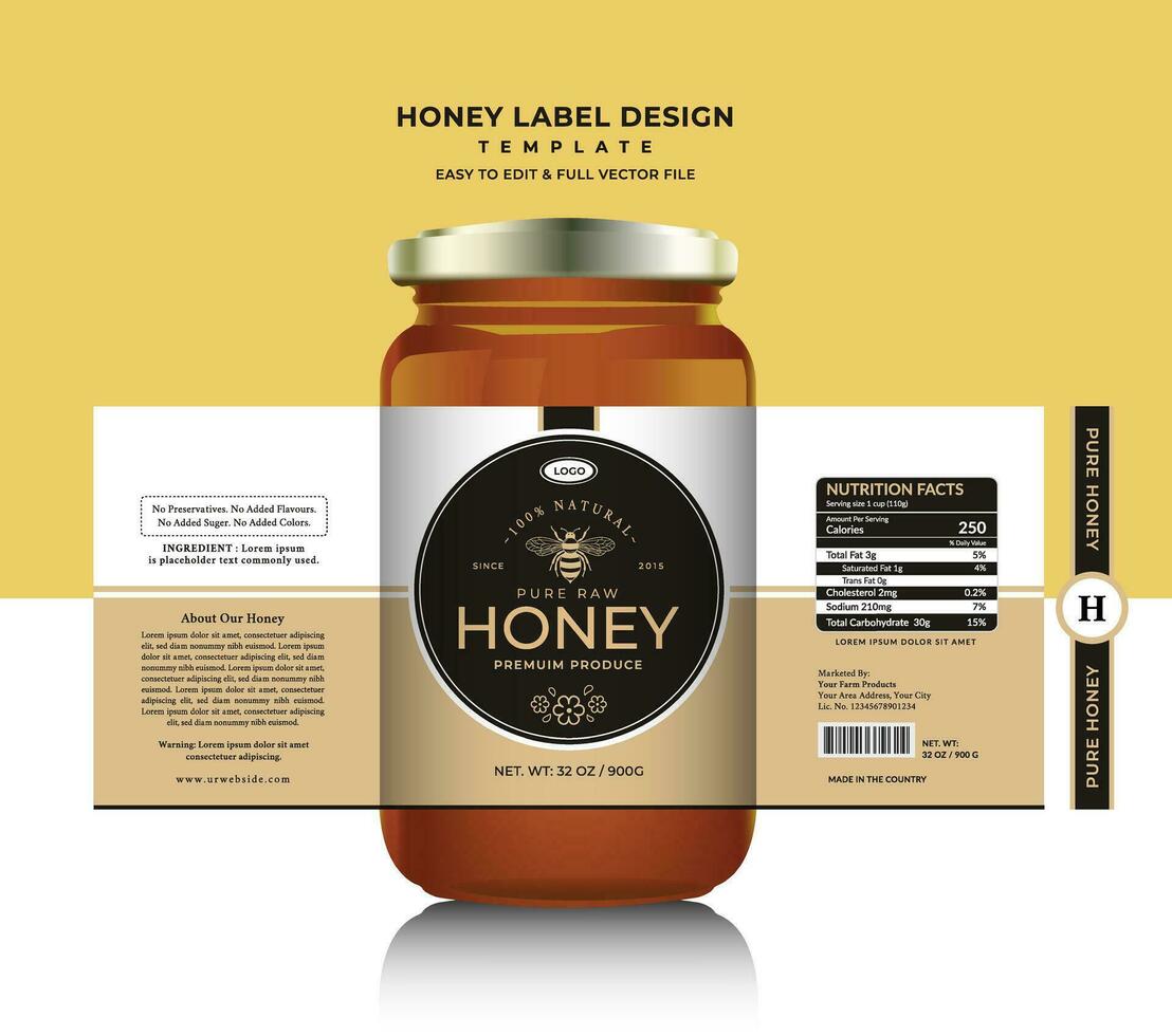 Honig Etikette und Honig Design Banner natürlich Biene Honig Glas Krug Flasche Aufkleber kreativ Verpackung Idee Gelb, Weiß minimal sauber Design Hintergrund gesund organisch Essen Produkt Biene schwarz Etikett. vektor