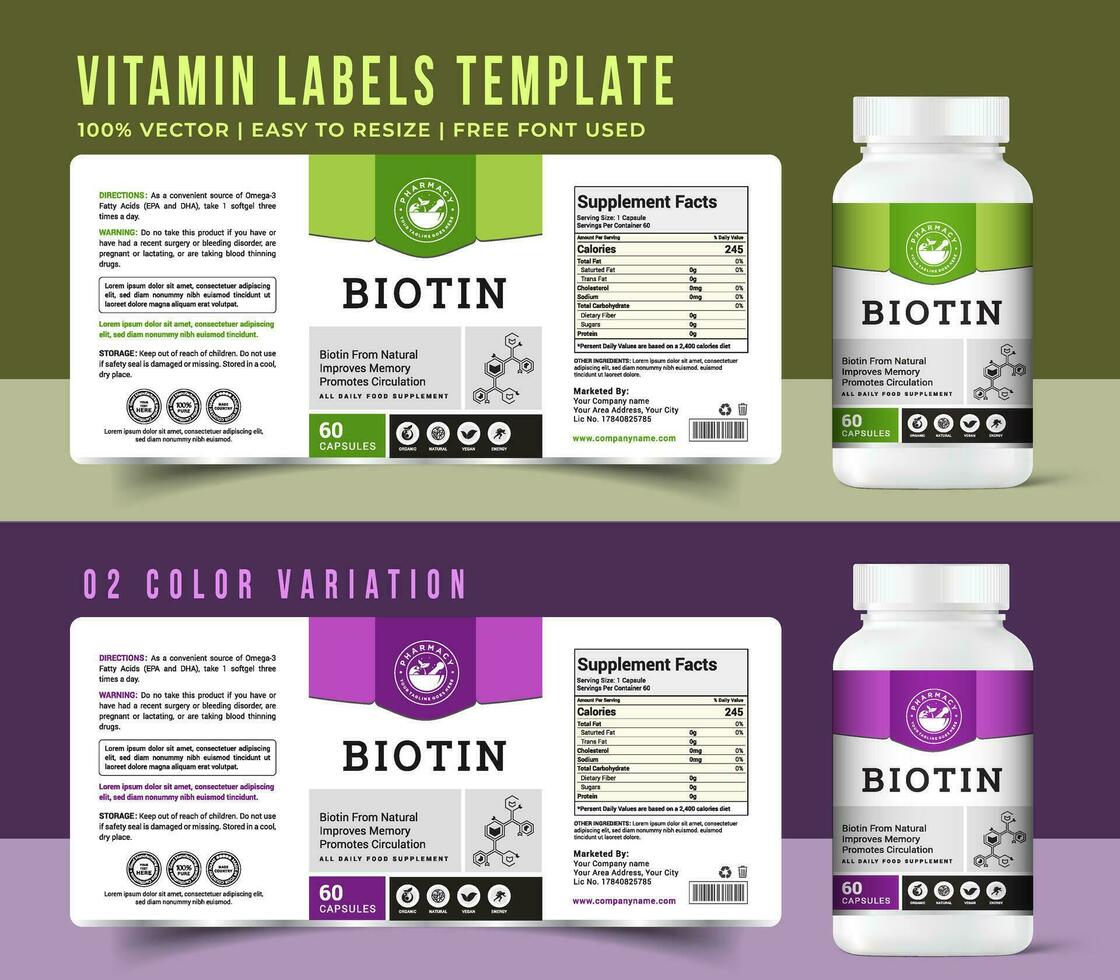 Biotin multi Vitamin Etikette Design Kapsel Flasche Krug Essen Ergänzung Banner Verpackung Aufkleber Etikette Energie Gesundheit bio Produkt, Gewicht Verlust drucken bereit Grafik Kunst Vektor Qualität Neu Datei.