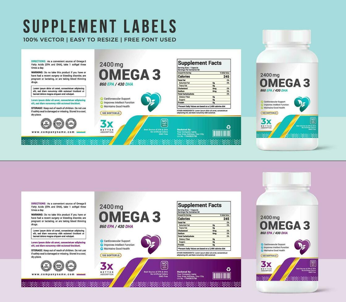 Omega 3 Etikette Ergänzung Vitamin Etikette mit Fisch Öl, Flasche Etikette Verpackung Design kreativ und modern Design mit multi Vitamin natürlich Vektor Medizin Etikette Täglich Essen Ergänzung.