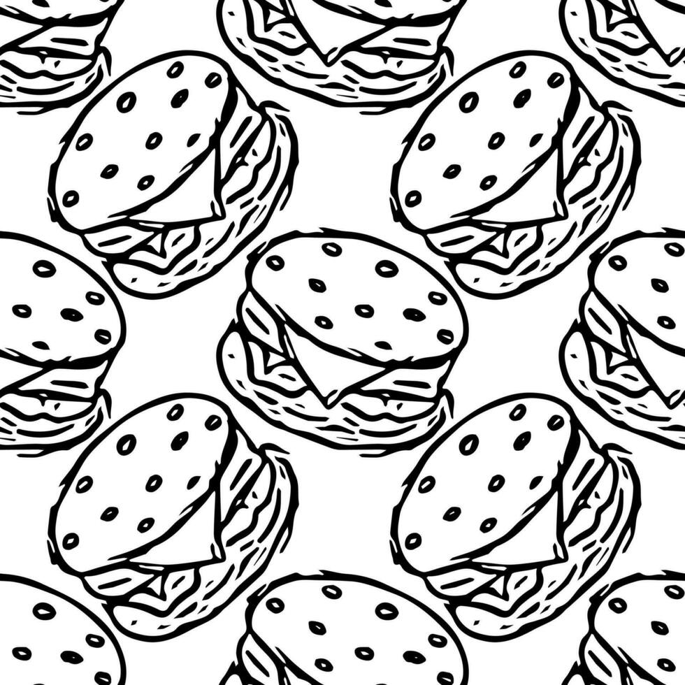 nahtlos Burger Muster. gezeichnet Hamburger Hintergrund. Gekritzel Vektor Hamburger Illustration