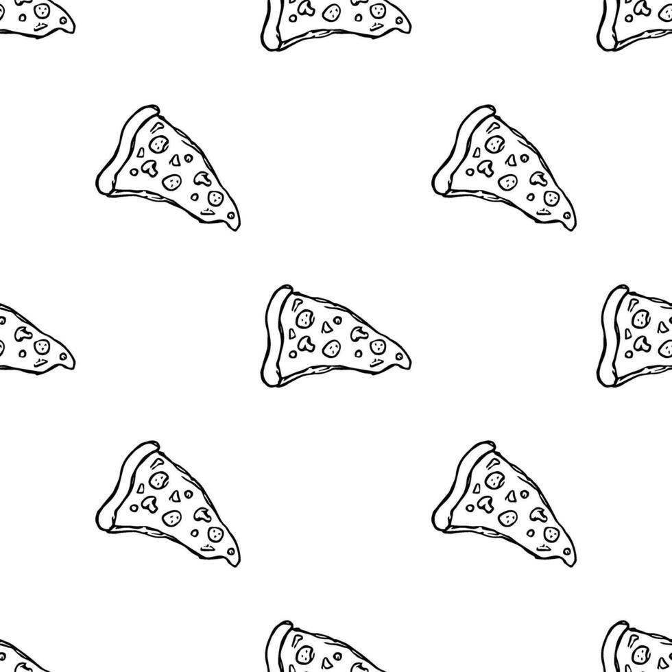 sömlös pizza mönster. dragen pizza bakgrund. klotter vektor pizza illustration