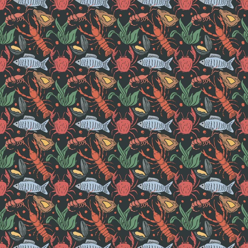 färgad skaldjur mönster. dragen skaldjur bakgrund vektor
