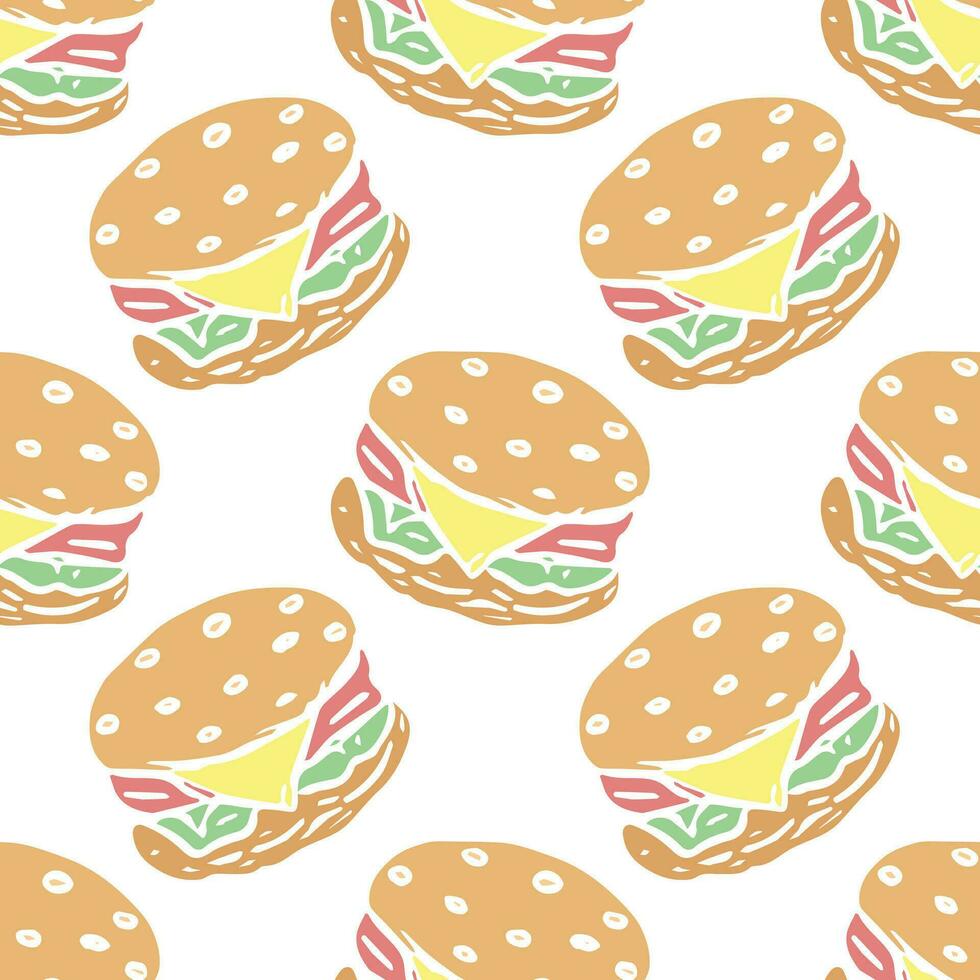 sömlös burger mönster. dragen hamburgare bakgrund. klotter vektor hamburgare illustration