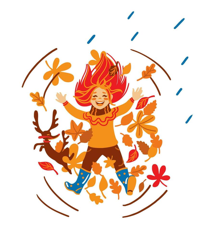 Mädchen Herstellung Engel im Herbst Blätter. komisch Spiele im das Herbst. Kinder Illustration. Vektor. vektor