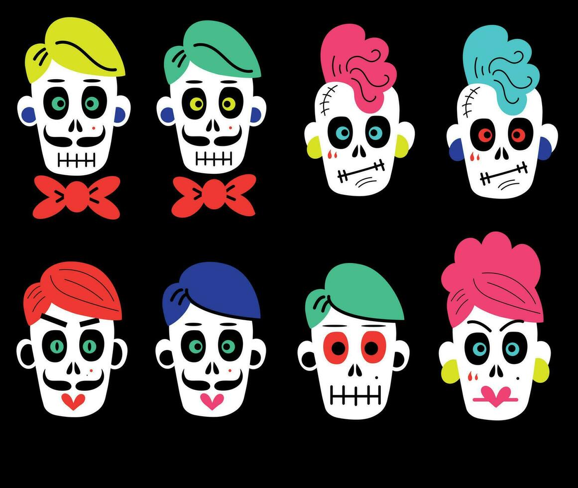 Sammlung von Vektor Aufkleber von komisch bunt Karikatur Schädel von anders Typen auf schwarz Hintergrund zum Halloween Feier Konzept Designs