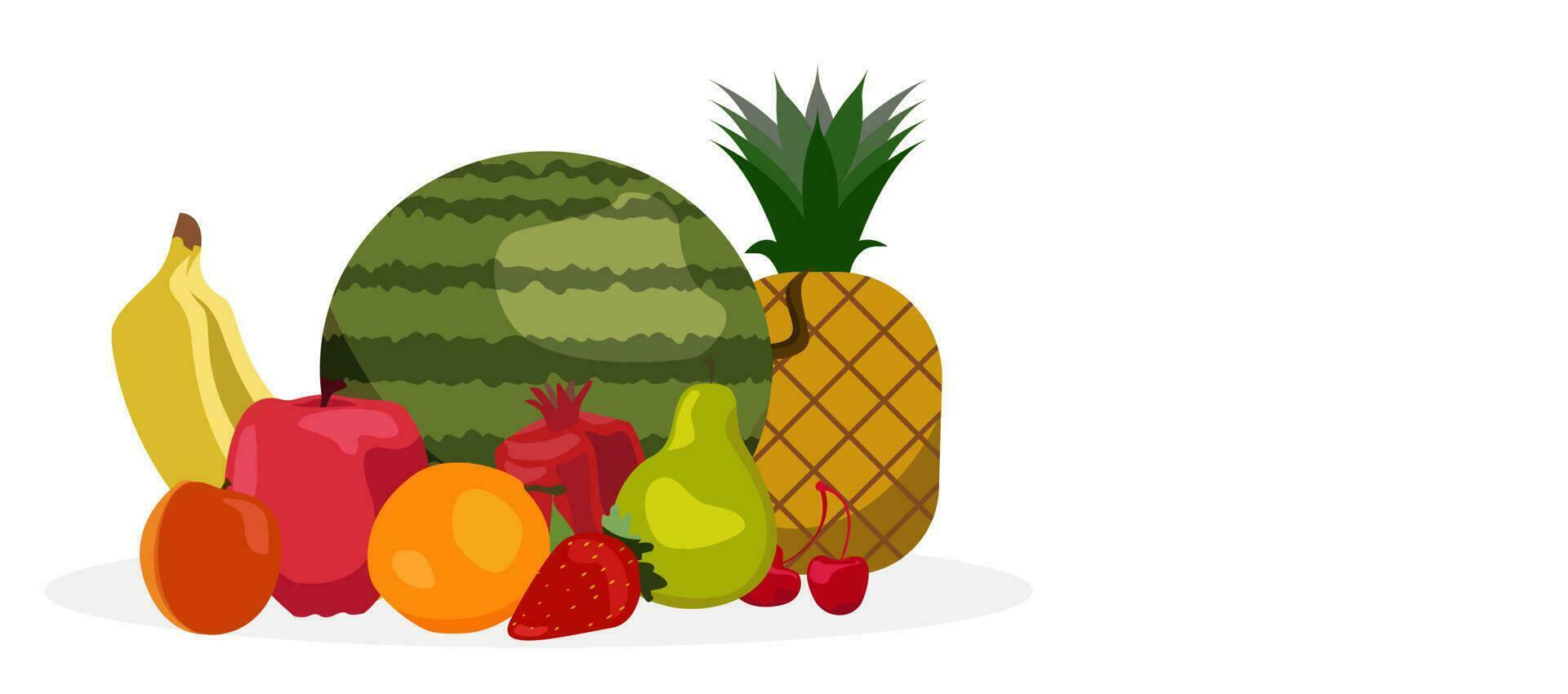 Obst und Beeren Vektor Banner mit Weiß Hintergrund. Vegetarier Essen Satz. Erdbeeren, Banane und Granatapfel Abbildung von Obst Ananas oder Apfel. orange, Wassermelone Aprikose, Birne, Kirsche.