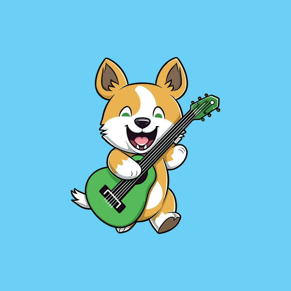 söt corgi spelar gitarr tecknad serie vektor illustration